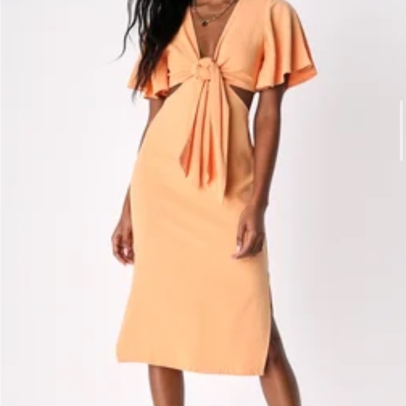 Orange Wrap Flutter Sleeve Midi Dress - Picture 2 of 2